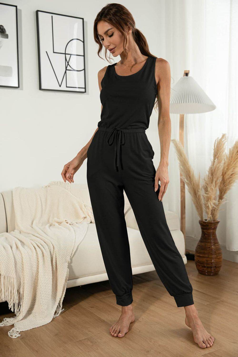 Drawstring Waist Round Neck Jogger Jumpsuit - Selvanelle