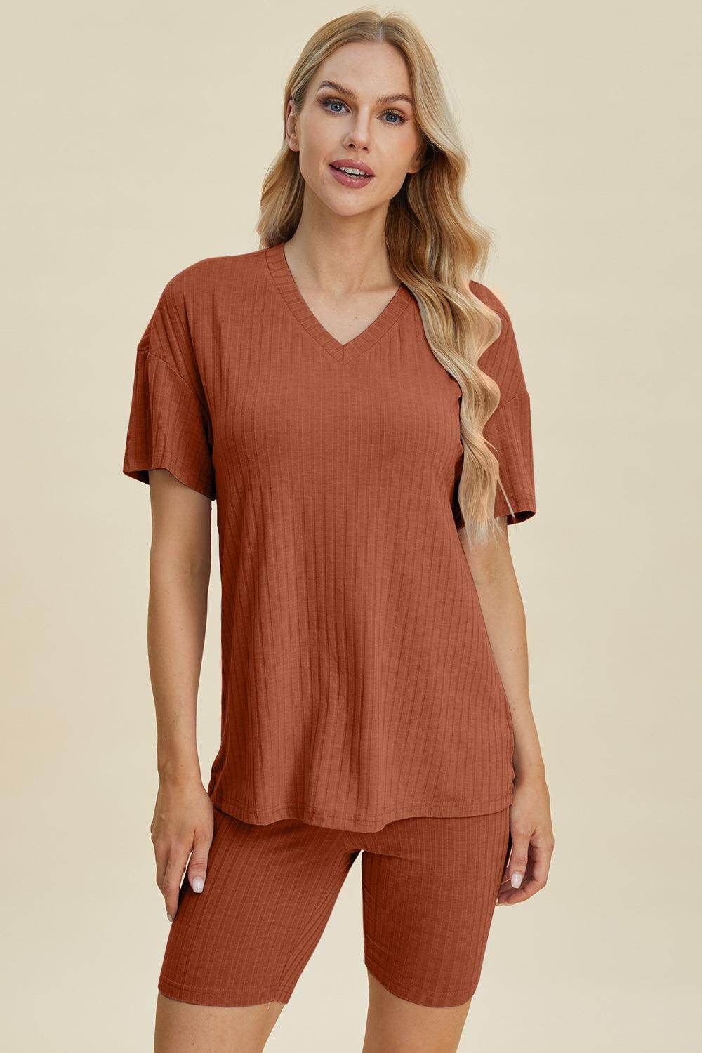 Basic Bae Full Size Ribbed V-Neck Top and Shorts Set For Women - Selvanelle