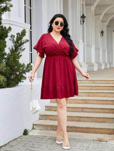 Plus Size Ruched Surplice Flounce Sleeve Mini Dress Online - Selvanelle