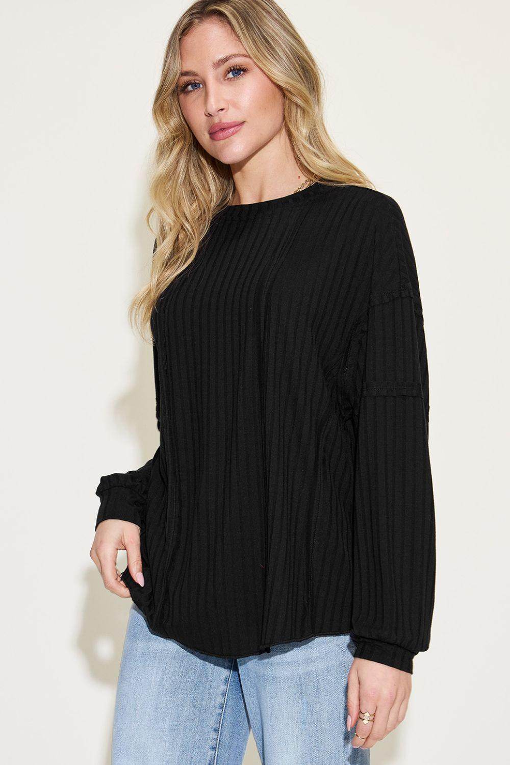Basic Bae Full Size Ribbed Round Neck Long Sleeve T-Shirt - Selvanelle