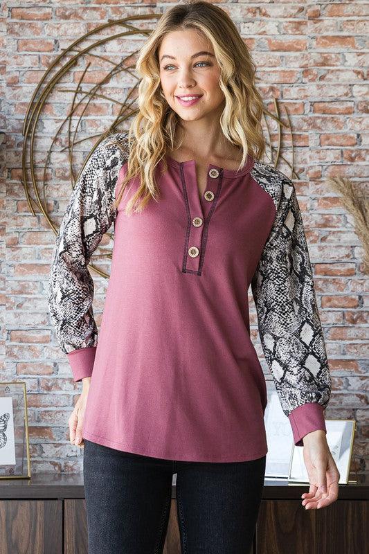 Heimish Full Size Snakeskin Print Half Button Top