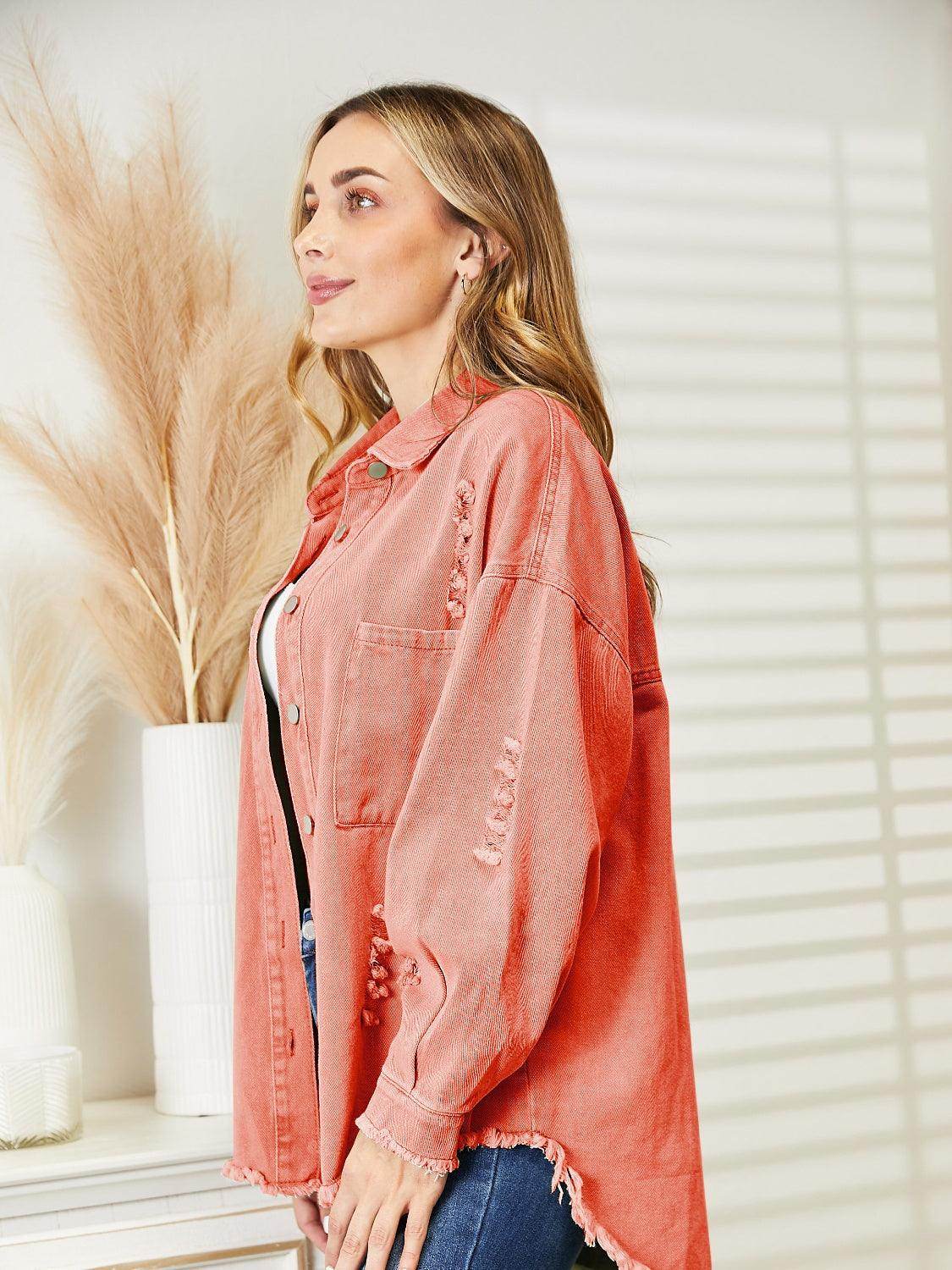Distressed Raw Hem Denim Jacket for Relaxed Fit Style - Selvanelle