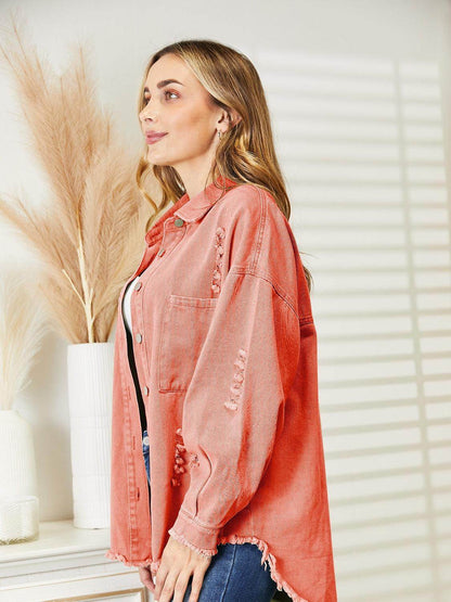 Distressed Raw Hem Denim Jacket for Relaxed Fit Style - Selvanelle