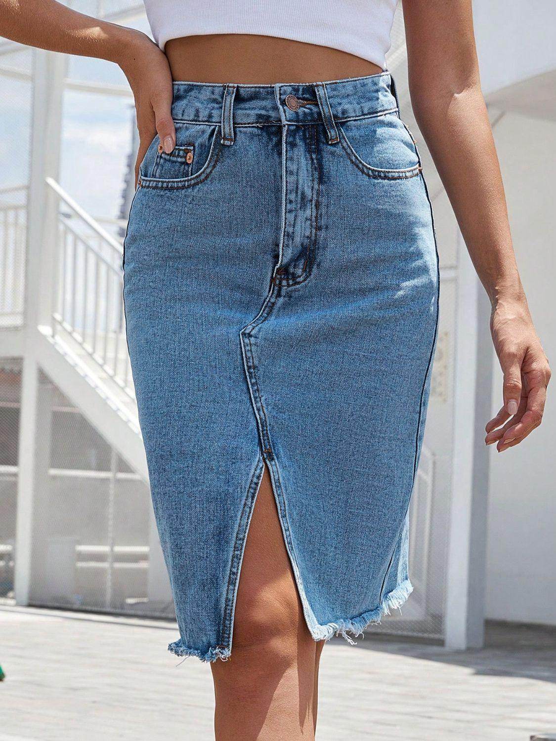 Raw Hem Slit Denim Skirt for Trendy Casual Wear - Selvanelle