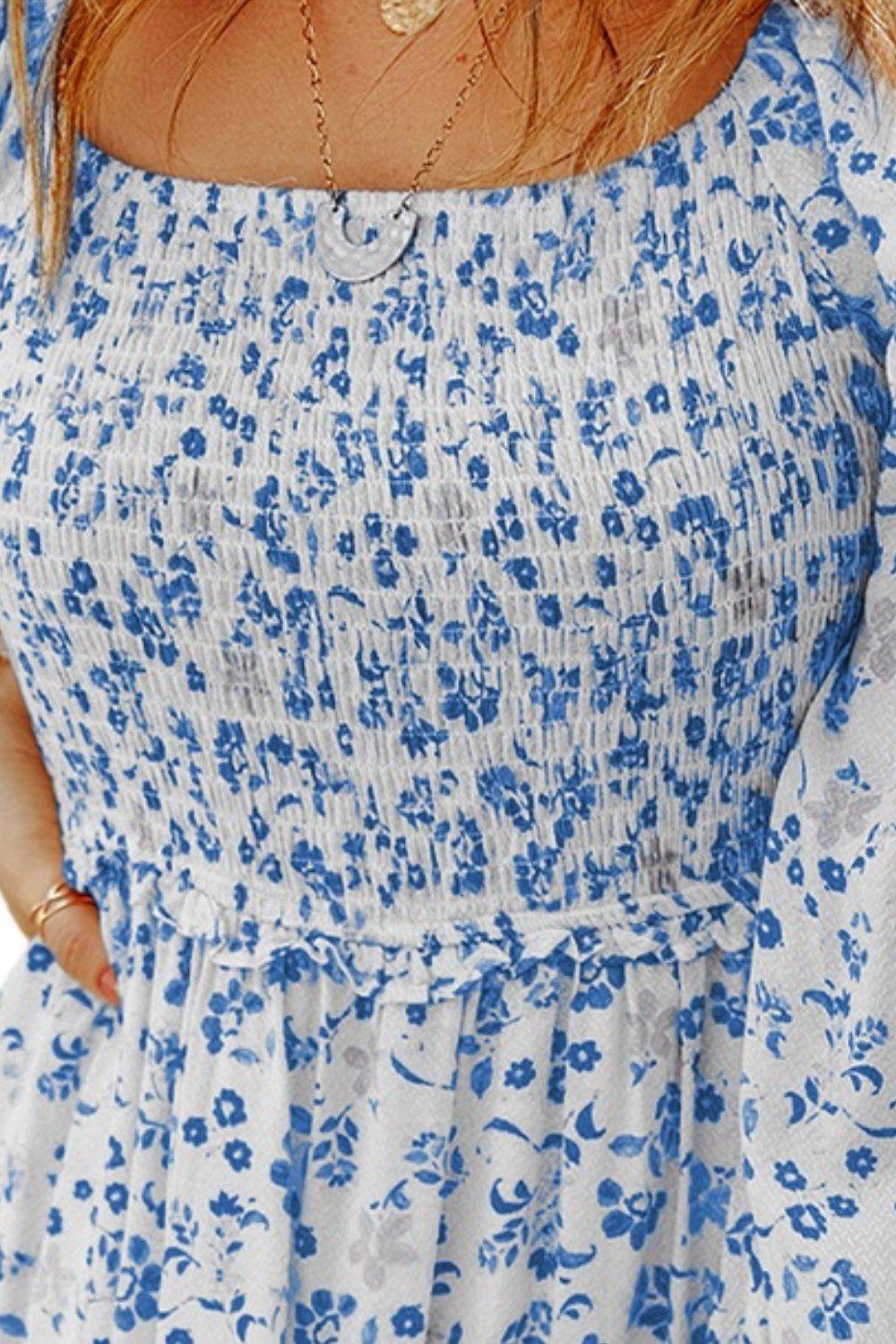 Smocked Floral Square Neck Balloon Sleeve Dress - Selvanelle