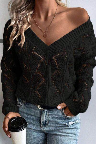 Openwork V-Neck Long Sleeve Sweater for Women Fashion - Selvanelle