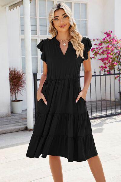 Ruched Notched Cap Sleeve Dress with Pockets and Stretch - Selvanelle