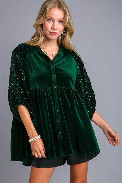 Umgee Sequin Detail Tiered Back Half Sleeve Shirt for Women - Selvanelle