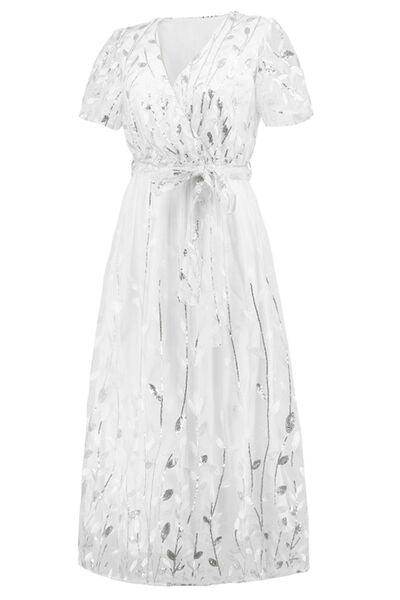Sequin Leaf Embroidery Tie Front Short Sleeve Dress for Women - Selvanelle