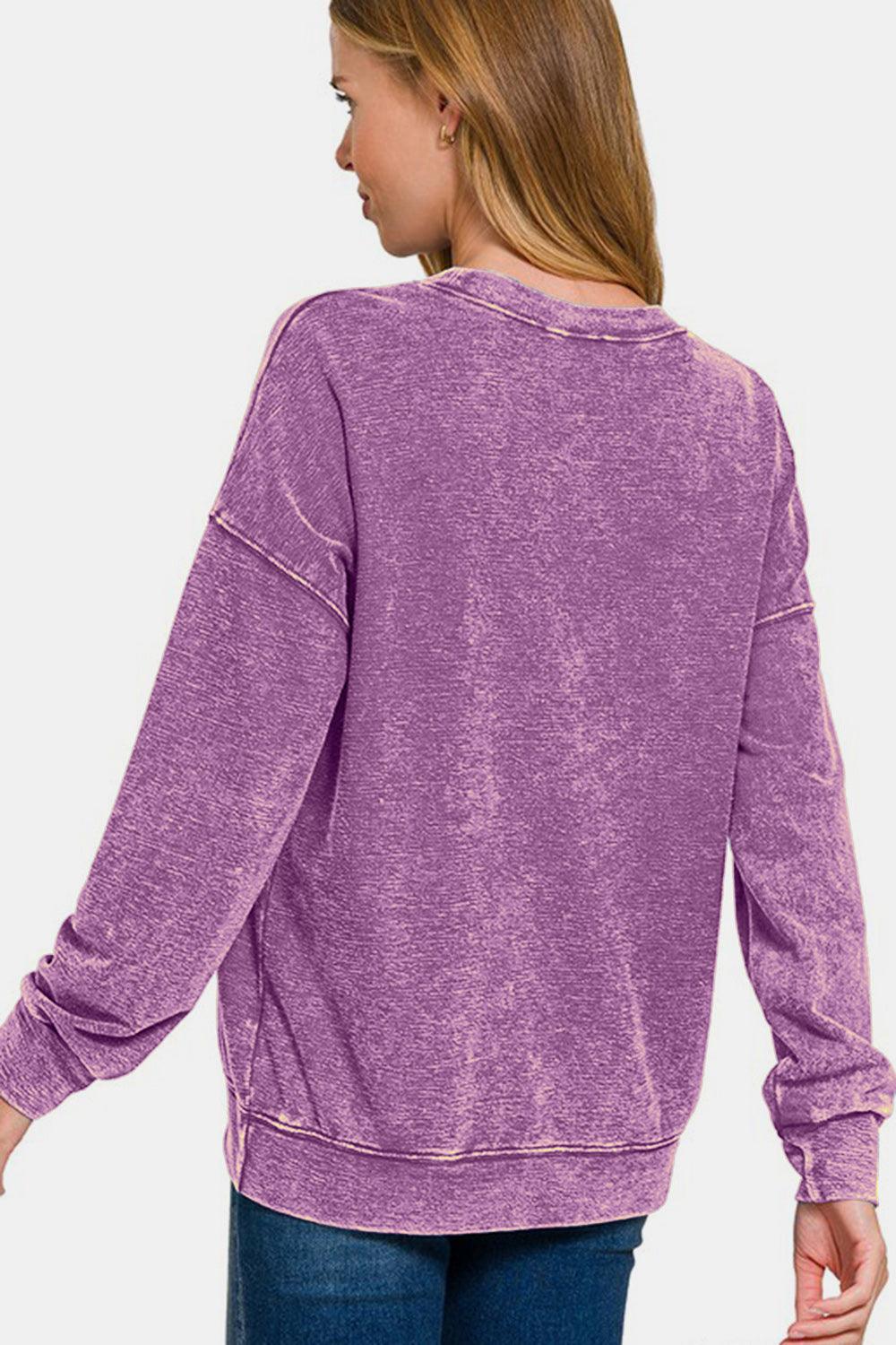 Zenana Washed Round Neck Dropped Shoulder Sweatshirt for Women