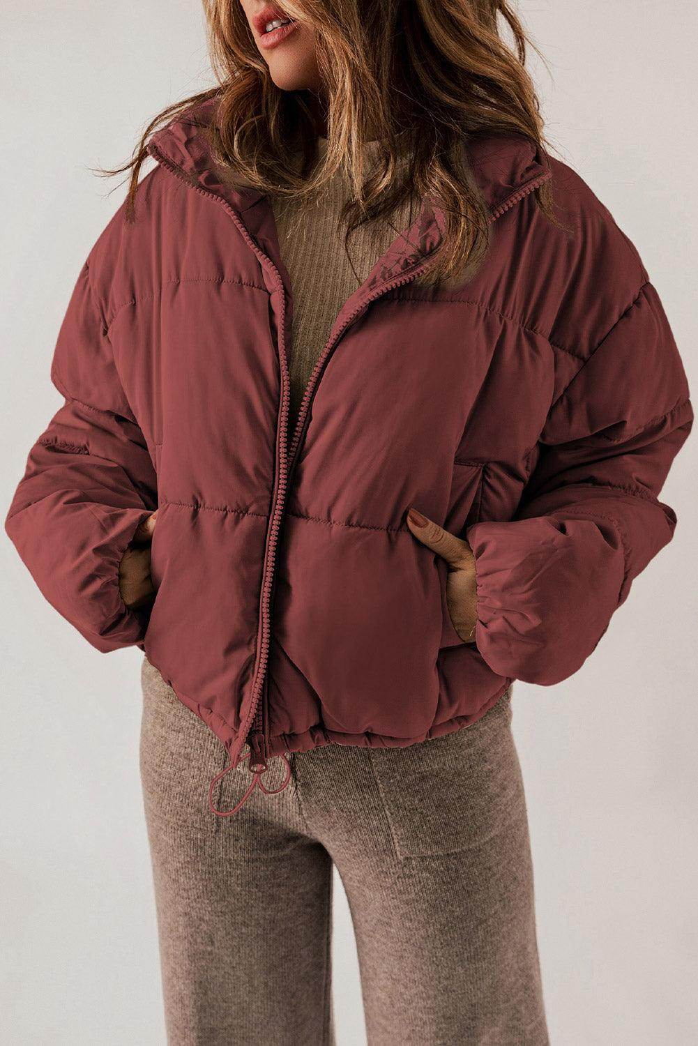 Zip Up Collared Neck Long Sleeve Winter Coat for Women - Selvanelle