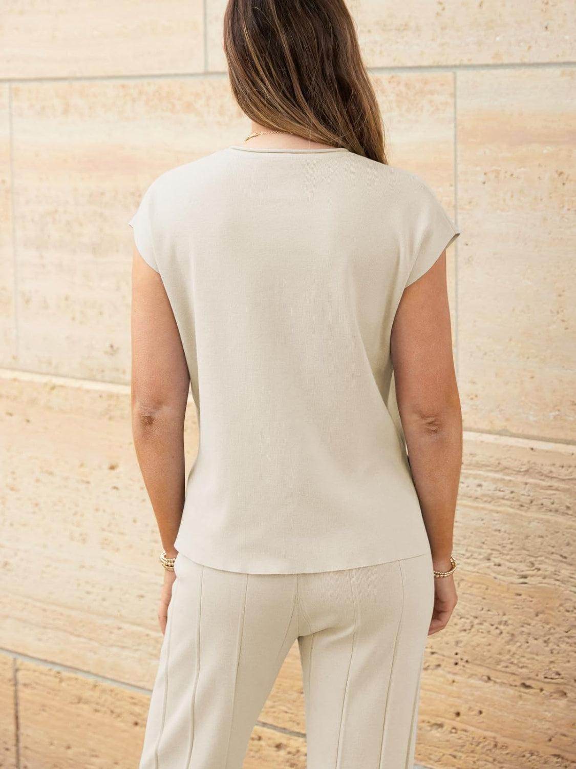 Round Neck Cap Sleeve Top and Pants Knit Set for Women - Selvanelle