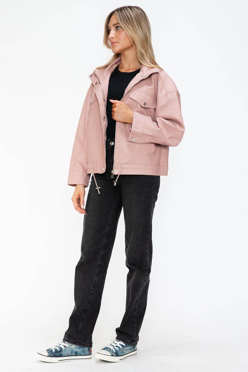 How Dare U Drawstring Hem PU Leather Zip Up Jacket for Women - Selvanelle