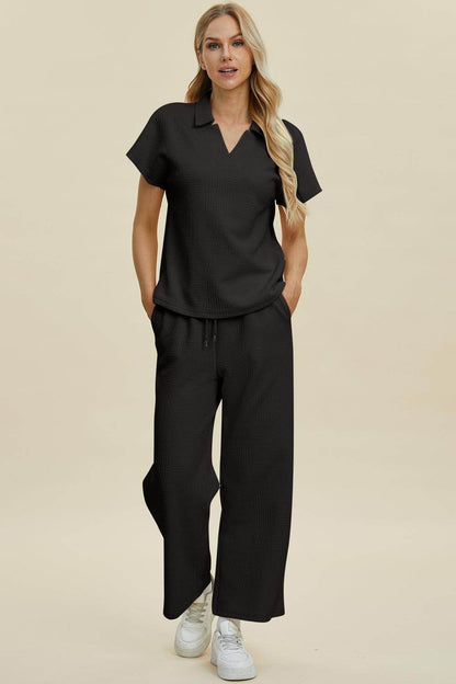 Double Take Full Size Collared Neck Short Sleeve Top Set - Selvanelle