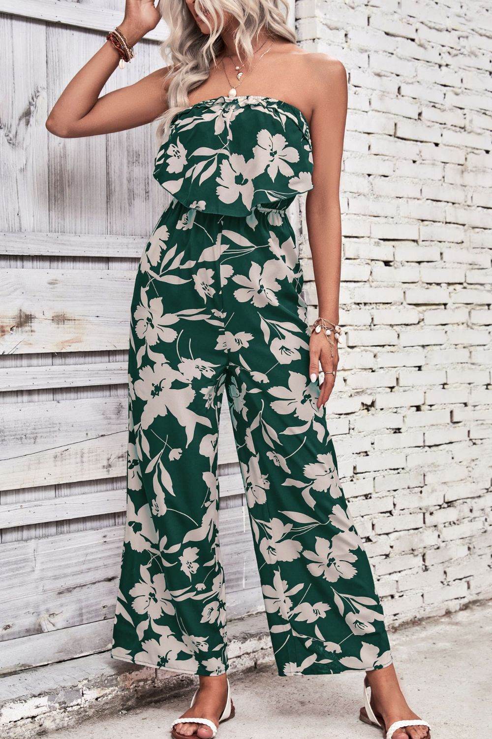 Perfee Floral Strapless Wide Leg Jumpsuit - Selvanelle