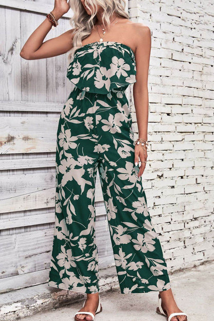 Perfee Floral Strapless Wide Leg Jumpsuit - Selvanelle