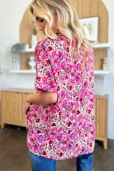 Double Take Full Size Printed V-Neck Short Sleeve Blouse - Selvanelle