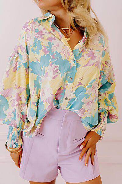 Printed Button Down Lantern Sleeve Shirt for Women - Selvanelle