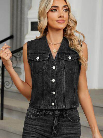 V-Neck Button Down Denim Vest for Effortless Style - Selvanelle