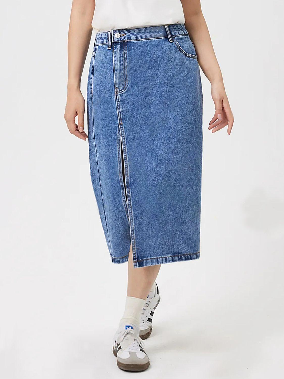 Slit Midi Denim Skirt with Pockets for Stylish Look