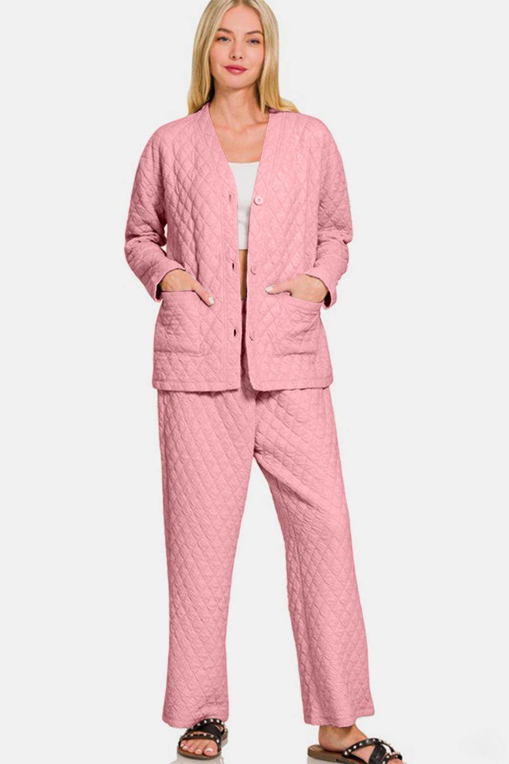 Zenana Quilted Button Up Long Sleeve Top and Pants Set - Selvanelle