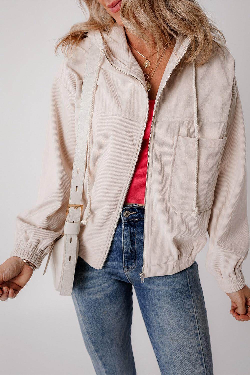 Corduroy Zip Up Long Sleeve Hooded Jacket for Women - Selvanelle