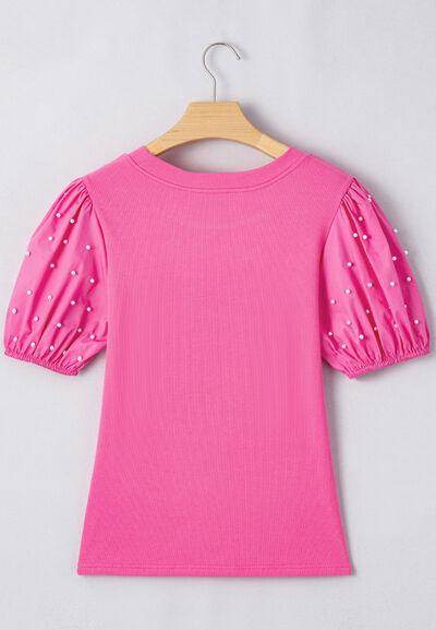 Pearl Detail Round Neck Puff Sleeve Blouse for Women - Selvanelle