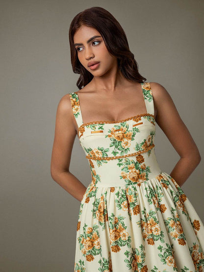 Lace Trim Floral Sleeveless Midi Dress - Selvanelle