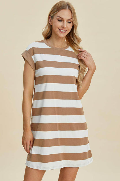 Basic Bae Full Size Striped Round Neck Cap Sleeve Mini Dress - Selvanelle