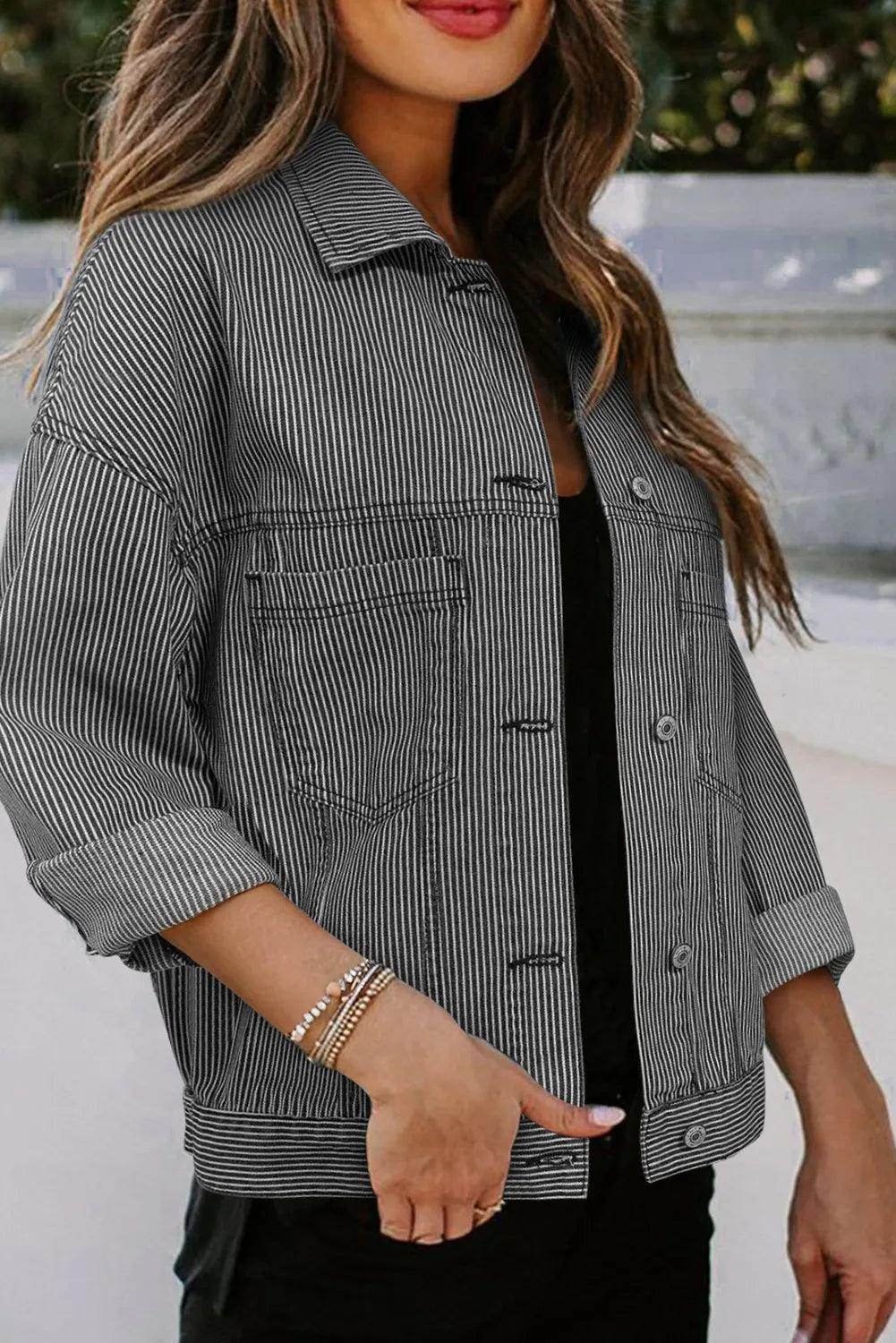 Striped Button Up Long Sleeve Denim Jacket for Women - Selvanelle