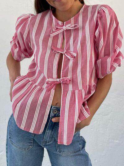 Tied Round Neck Balloon Sleeve Shirt for Stylish Look - Selvanelle
