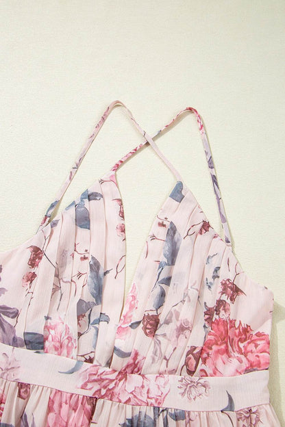 Floral Pleated Deep V Backless Maxi Dress - Selvanelle