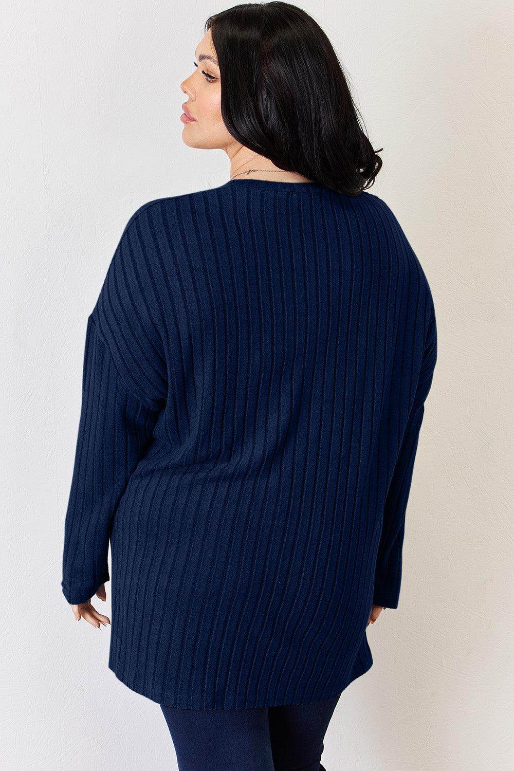 Basic Bae Full Size Ribbed Half Button Long Sleeve T-Shirt - Selvanelle