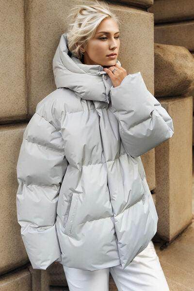 Pocketed Zip Up Hooded Puffer Jacket for Winter Comfort - Selvanelle
