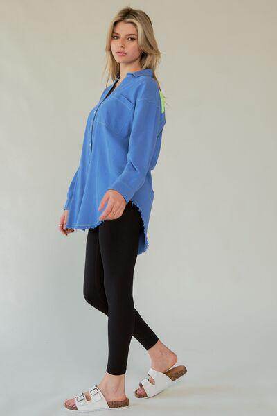 Davi & Dani Letter Back Raw Hem Half Button Shirt Chic - Selvanelle