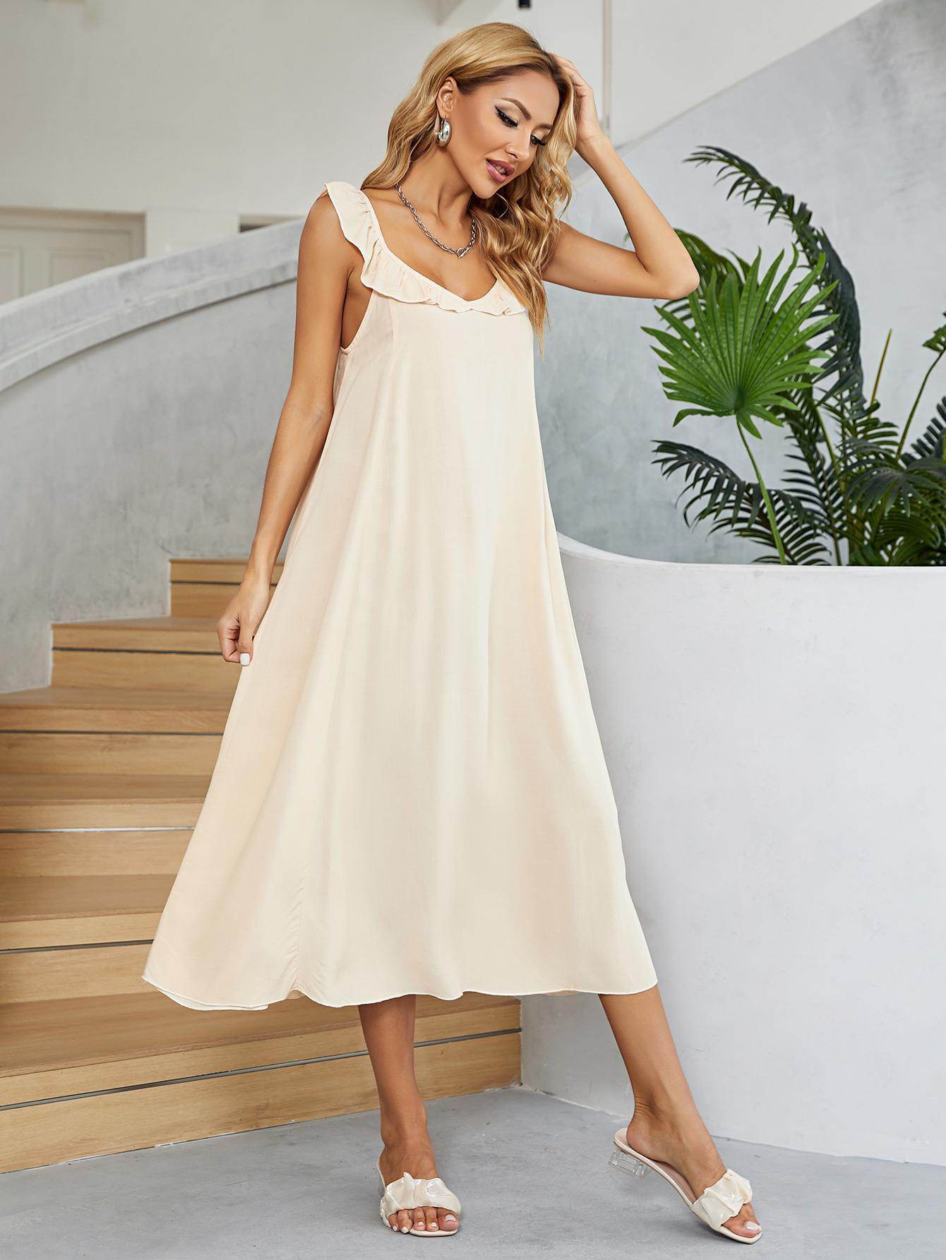 Ruffled V-Neck Midi Dress for Chic Summer Style - Selvanelle