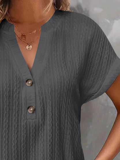 Textured Notched Short Sleeve Top - Selvanelle