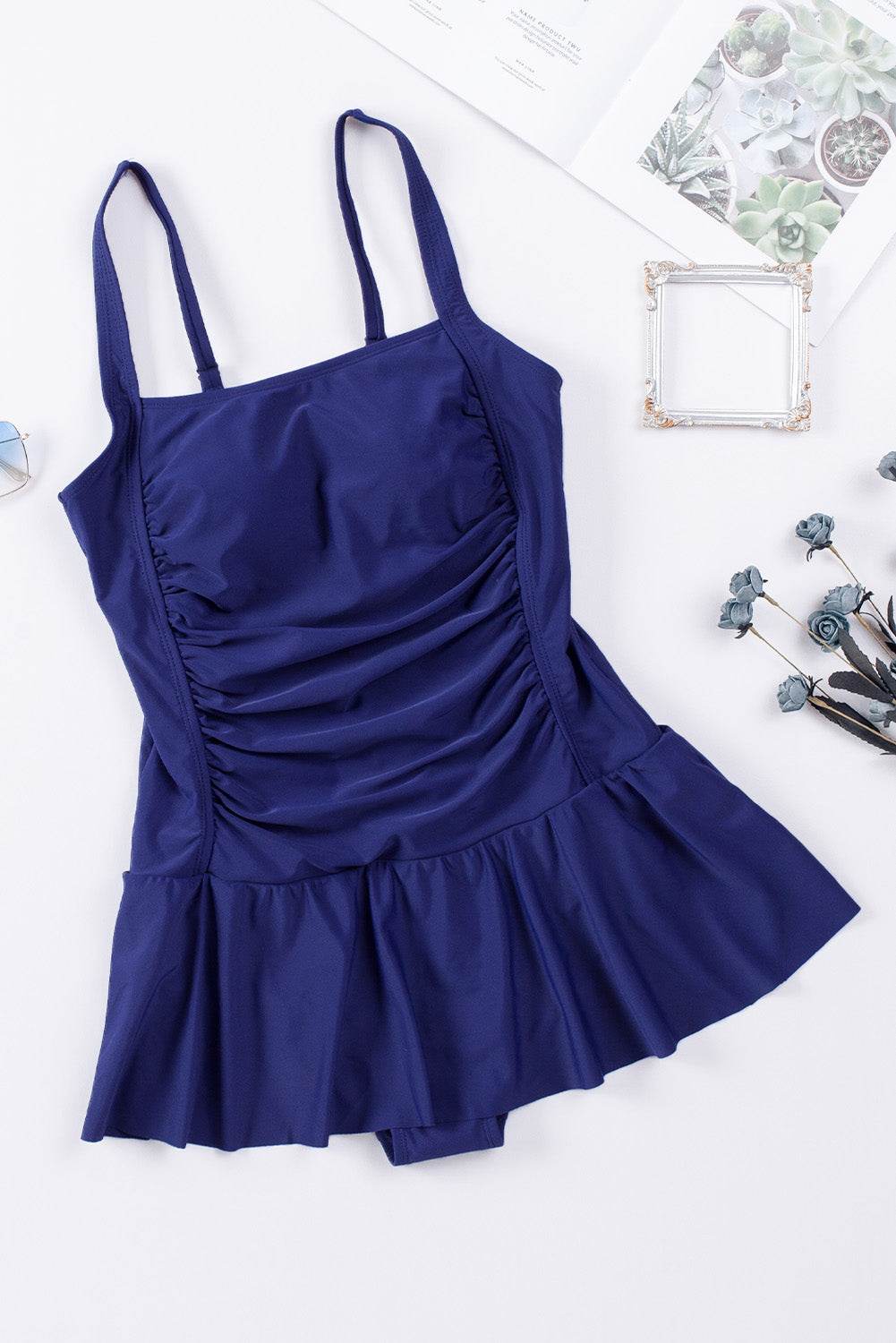 Ruched Square Neck Sleeveless One-Piece Swimwear - Selvanelle