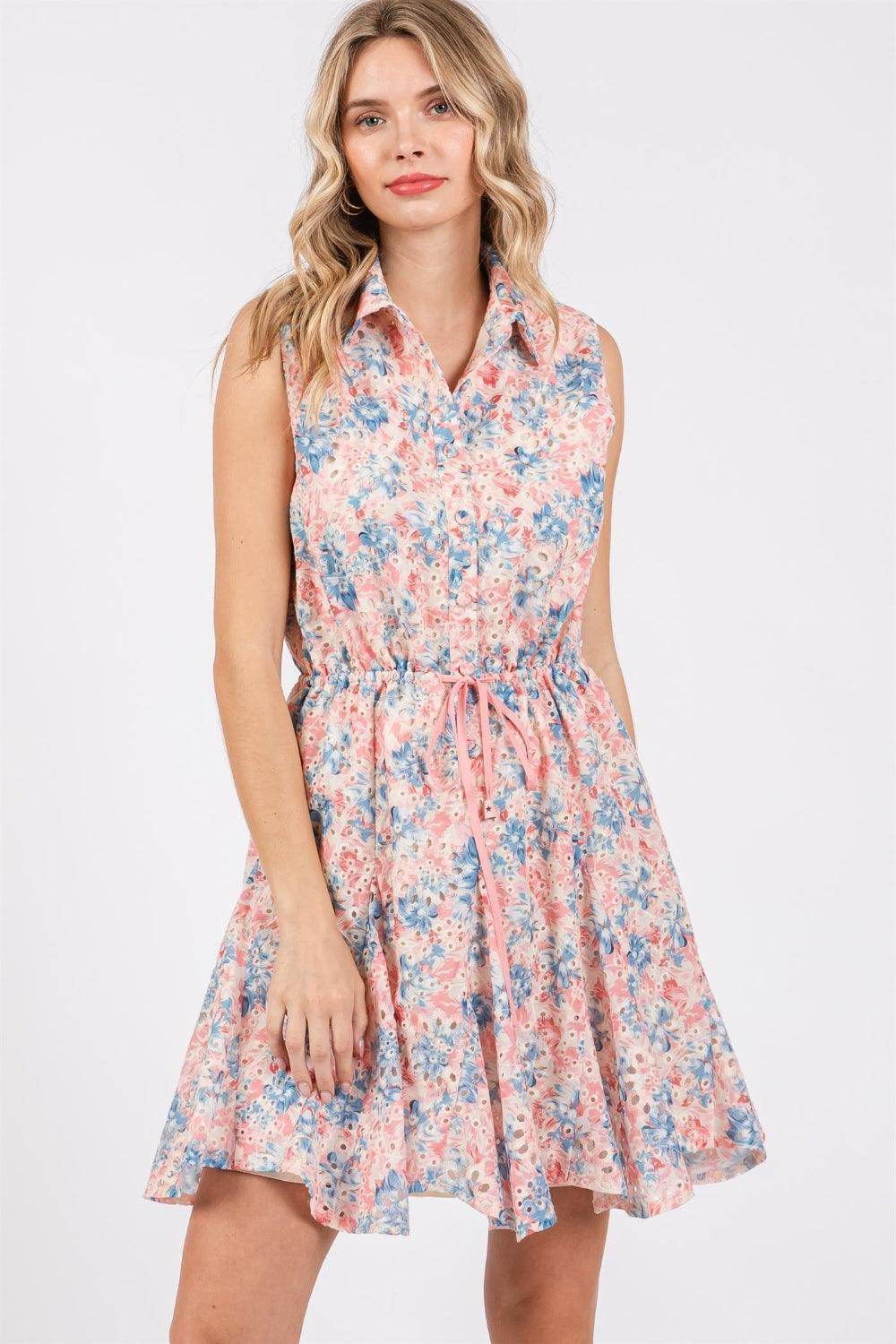 GeeGee Full Size Floral Eyelet Sleeveless Mini Dress for Summer - Selvanelle