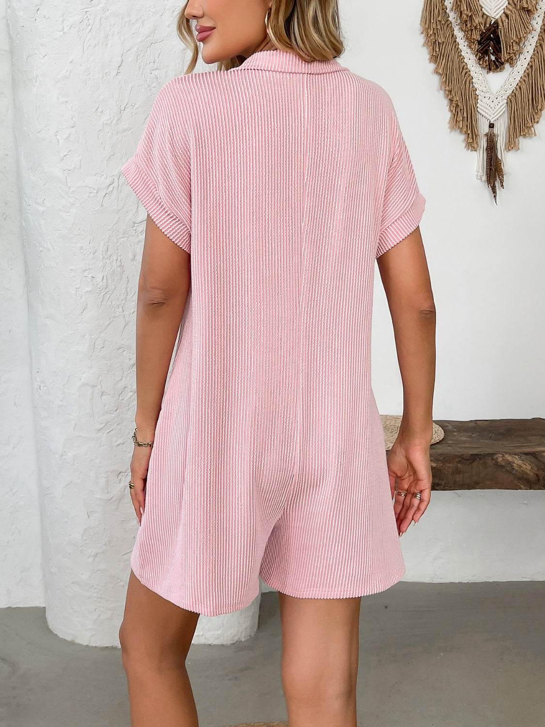 Button Detail Collared Neck Short Sleeve Romper - Selvanelle