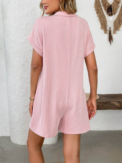Button Detail Collared Neck Short Sleeve Romper - Selvanelle
