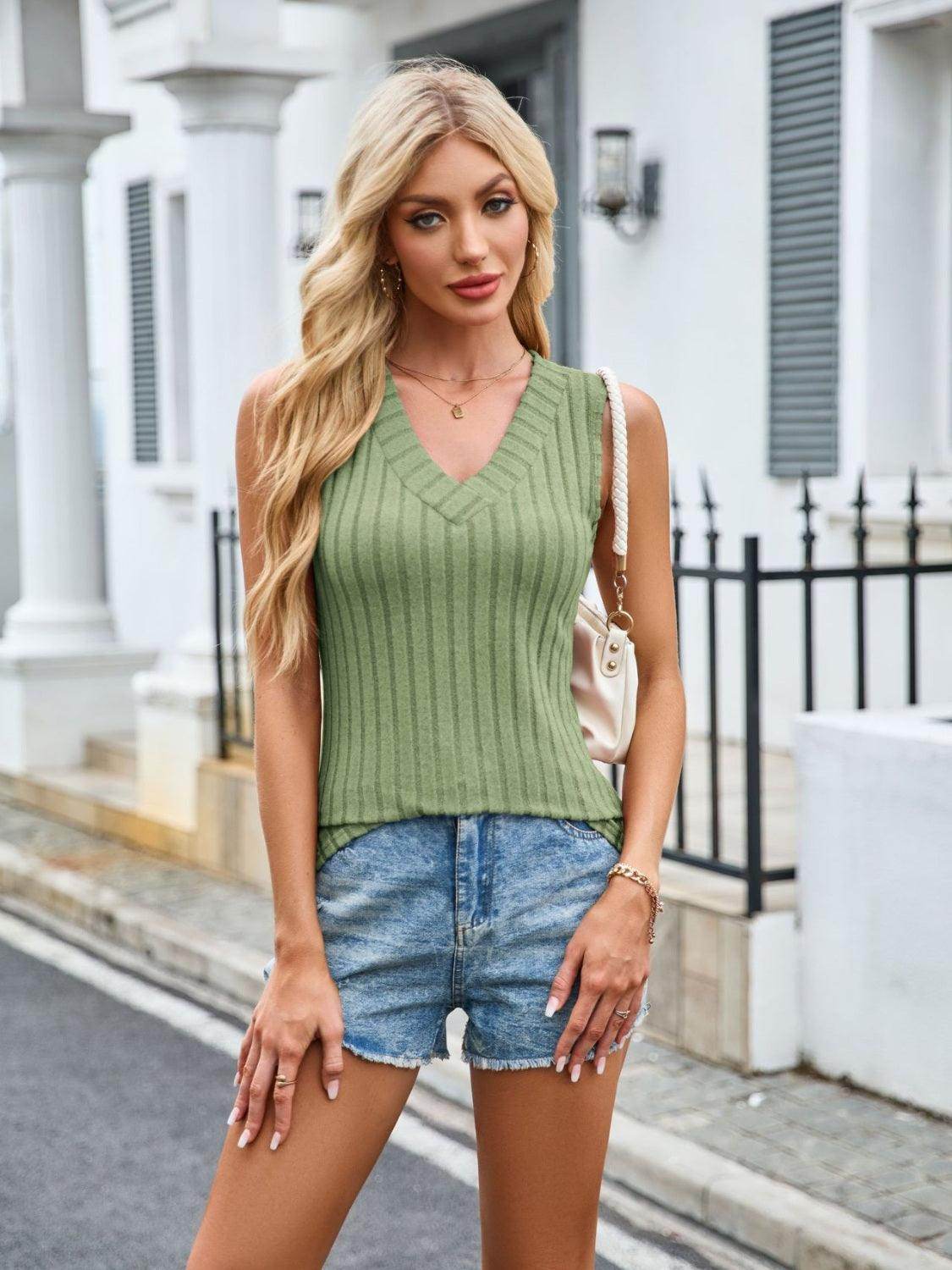 Ribbed Solid Color V-Neck Tank for Women Stylish Wear - Selvanelle