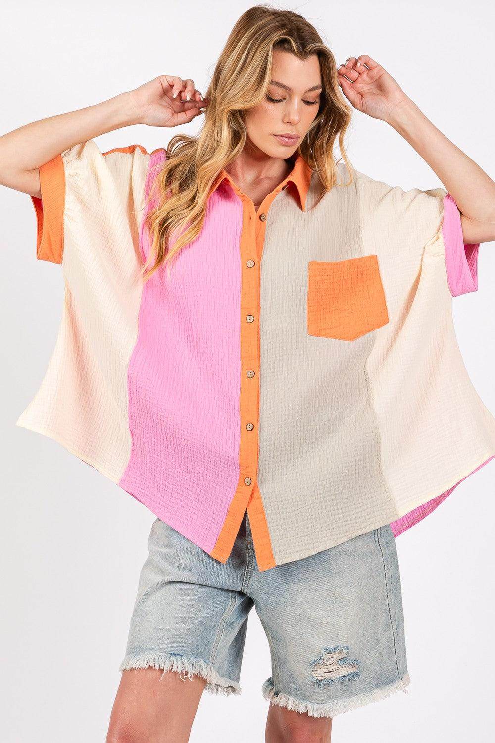 SAGE + FIG Full Size Color Block Button-Down Shirt for Women - Selvanelle