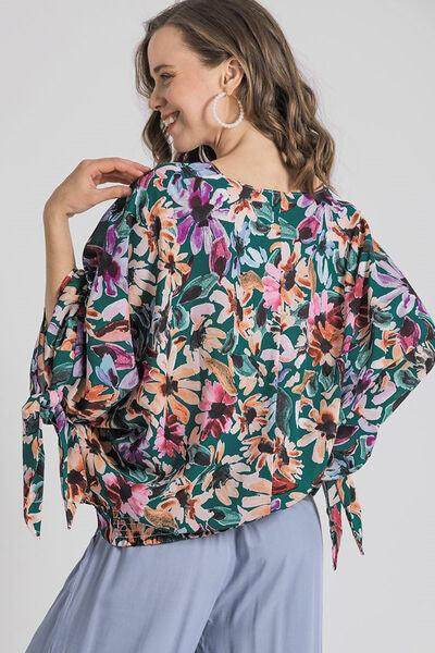 Umgee Full Size Floral V-Neck Tie Sleeve Blouse Plus Size - Selvanelle
