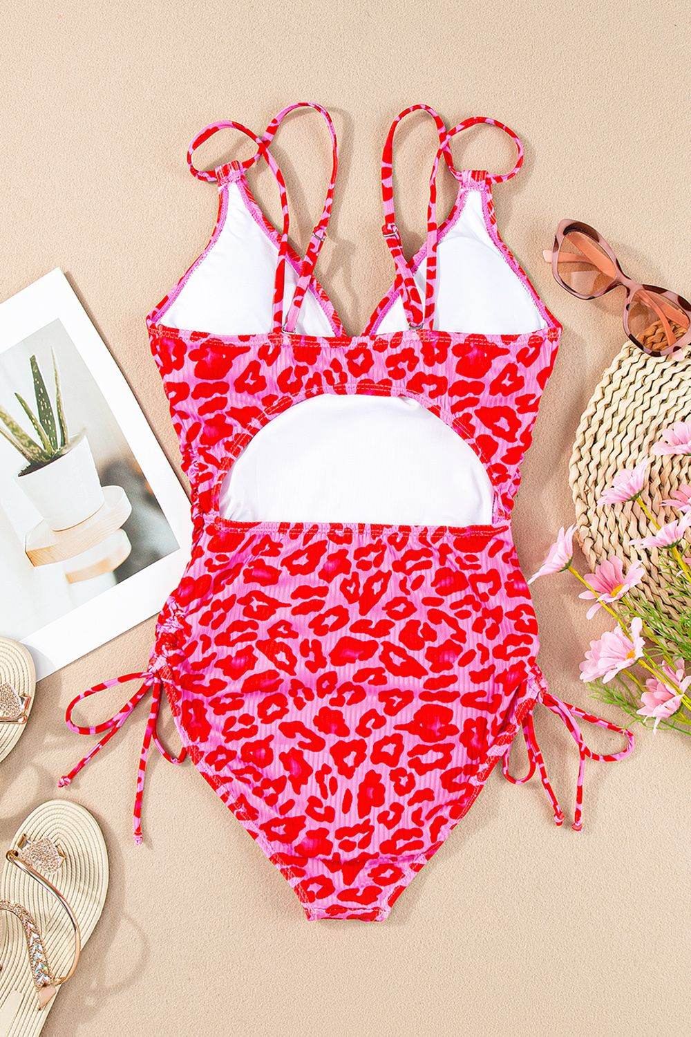 Leopard Cutout Ribbed Side Drawstring One-Piece Swimsuit - Selvanelle