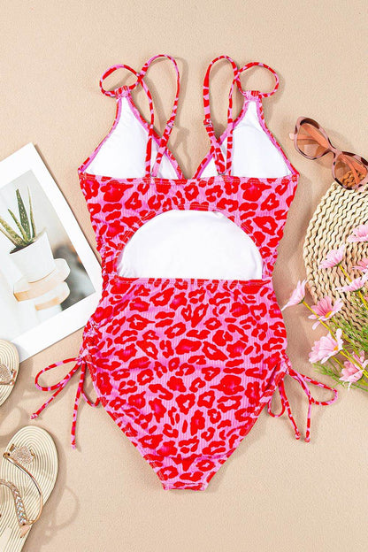 Leopard Cutout Ribbed Side Drawstring One-Piece Swimsuit - Selvanelle