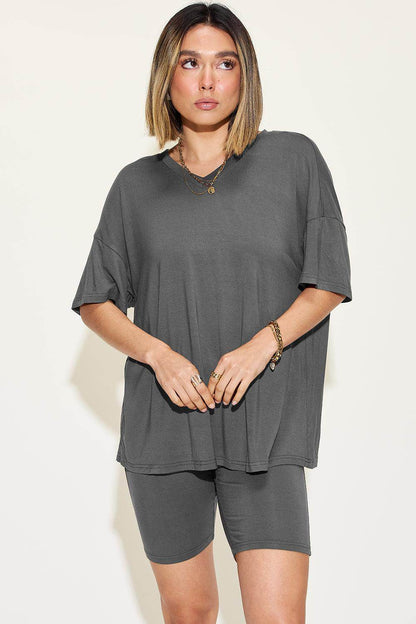 Basic Bae Full Size V-Neck Drop Shoulder T-Shirt Set - Selvanelle