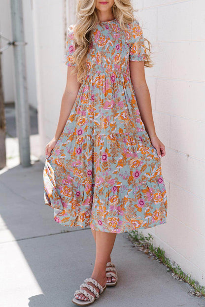 Floral Flounce Sleeve Round Neck Midi Dress for Women - Selvanelle