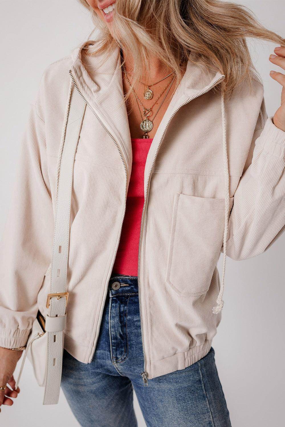 Corduroy Zip Up Long Sleeve Hooded Jacket for Women - Selvanelle