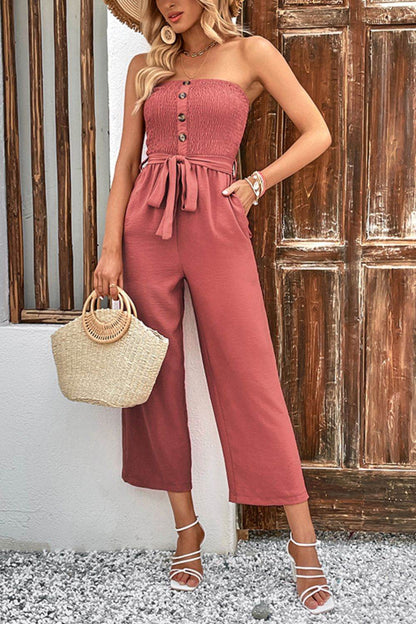 Perfee Decorative Button Strapless Smocked Jumpsuit with Pockets - Selvanelle